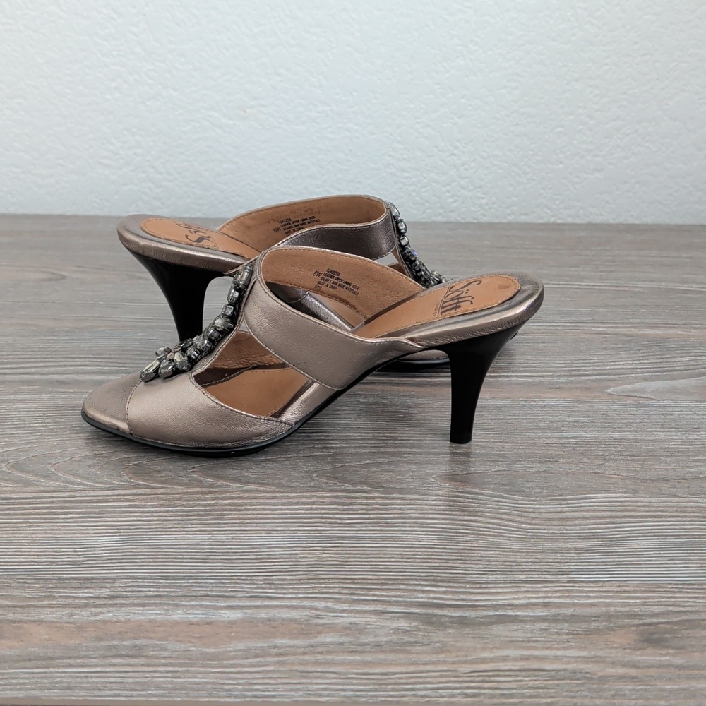 SOFFT Metallic Gold Leather Slip On Open Toe Heel Shoes Crystal Vamp 6W 6 Wide - Picture 6 of 15